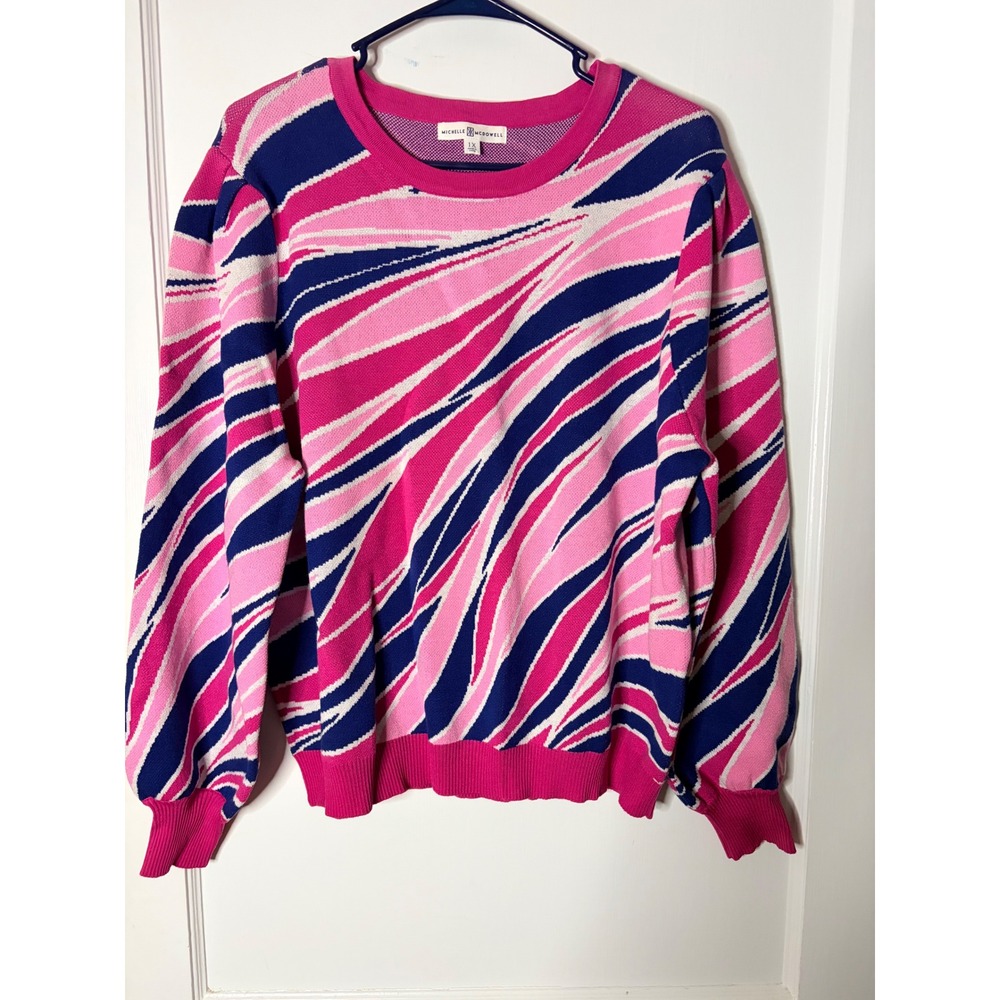 Michelle McDowell Pink Navy Abstract Zebra Print Knit Sweater Plus Size 1X